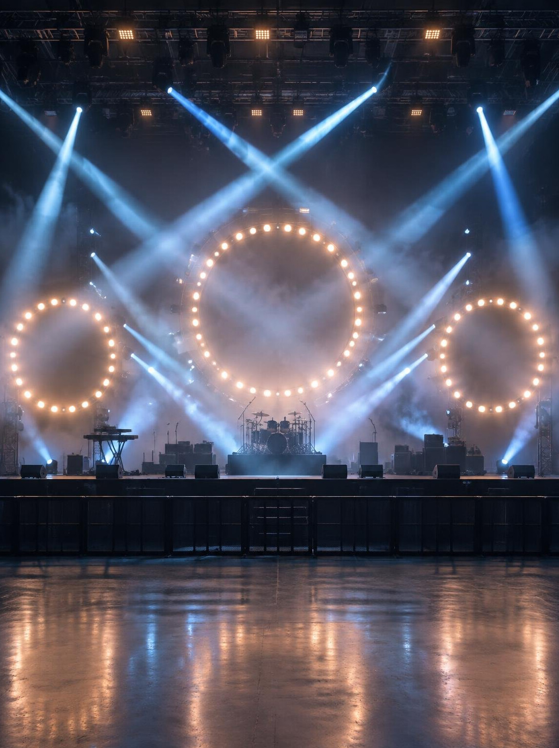 Concert stage with circular lights and performer silhouette