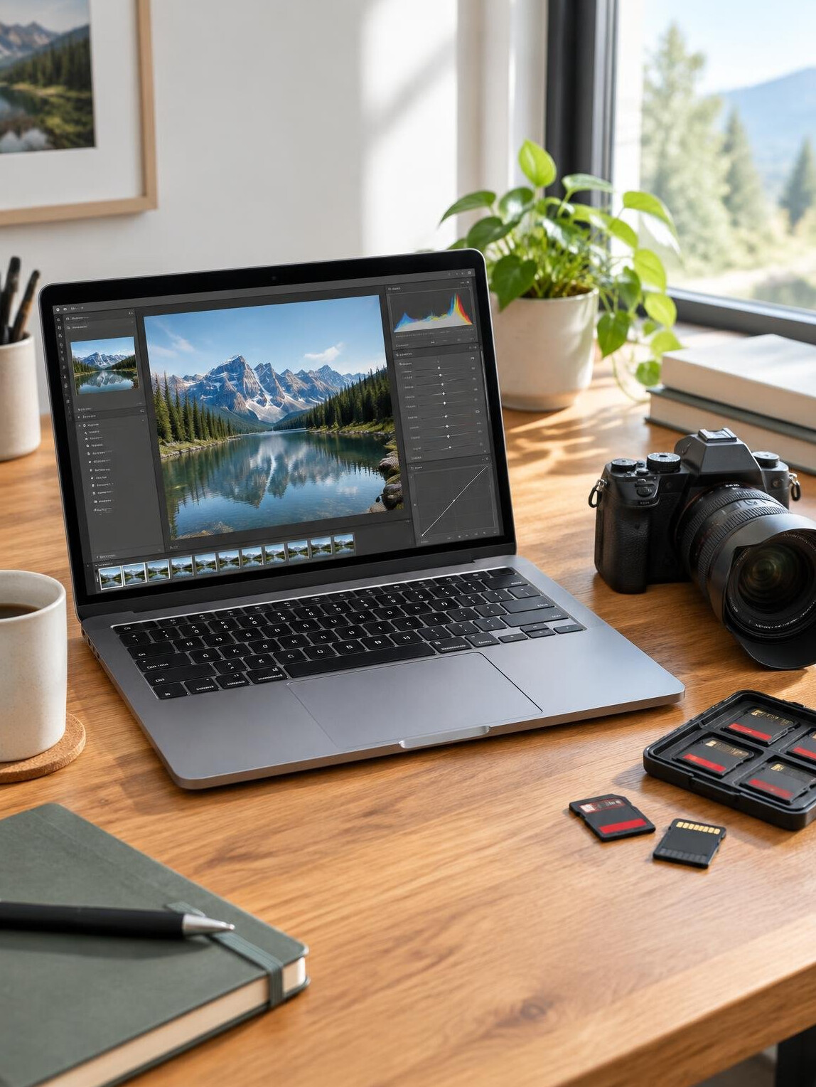 Laptop and camera on a desk for fast photo editing