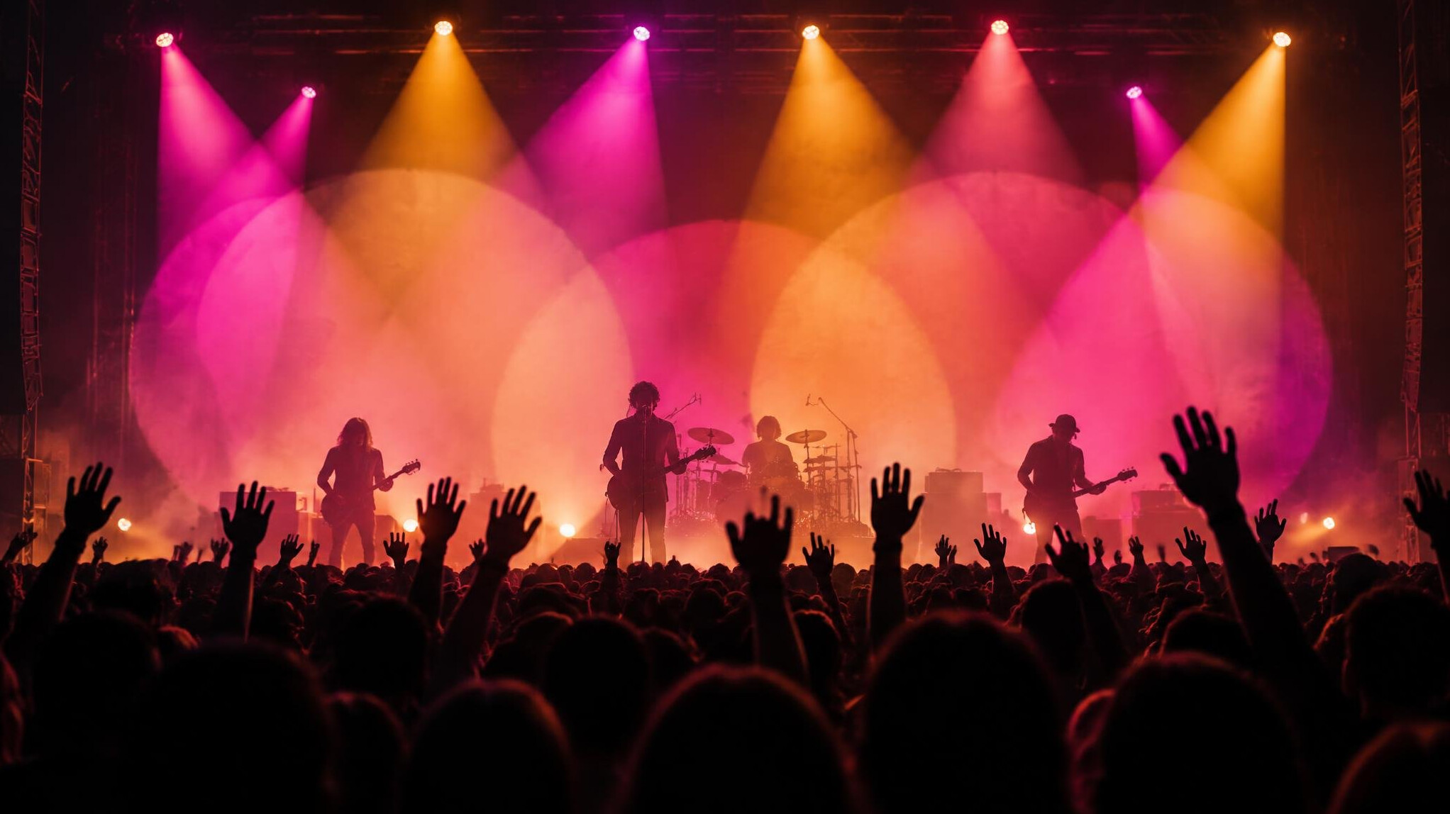 Live concert stage with spotlights over the crowd